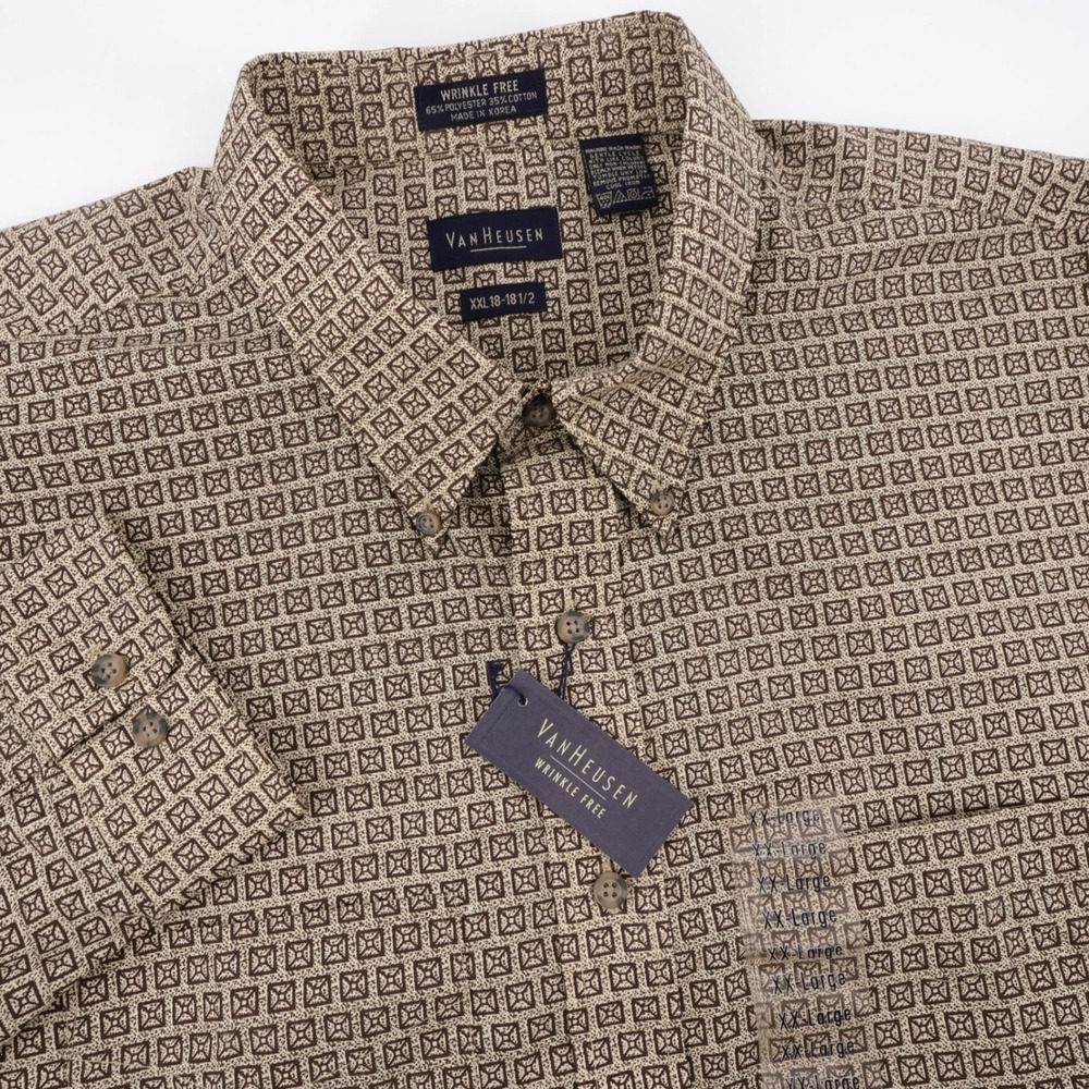 NEW Van Heusen Geometric Button Down Tan Long Sleeve Mens‎ XXL 18-18.5